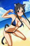  akiyama_mio all_fours alternate_hairstyle animal_ears barefoot beach bikini black_eyes black_hair blush breasts cat_ears cat_tail clenched_hand day k-on! large_breasts long_hair outdoors paw_pose solo swimsuit tail yuuki1103 