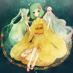  aqua_hair bad_id bad_pixiv_id blue_eyes green_hair gumi hatsune_miku japanese_clothes kimono leaf long_hair megurine_luka multiple_girls pechika pink_hair sandals short_hair vocaloid 