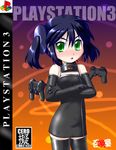  bare_shoulders blush cd controller copyright_request cover elbow_gloves game_console game_controller gloves green_eyes kaji_sakaki personification playstation_3 product_girl solo thighhighs twintails zettai_ryouiki 