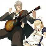  &gt;_&lt; 1girl ahoge angry anna_(gekkou_no_carnevale) blonde_hair blush clenched_teeth closed_eyes formal gekkou_no_carnevale guitar highres instrument long_hair maid maid_headdress necktie oosaki_shin'ya recorder romeo_(gekkou_no_carnevale) short_hair silver_hair suit teeth yellow_eyes 