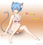  animal_ears ayanami_rei barefoot blue_hair cat_ears english feet flat_chest happy_birthday highres hoshisoul neon_genesis_evangelion red_eyes short_hair shorts sitting solo tail tank_top vector_trace 