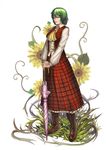  ascot bad_id bad_pixiv_id boots closed_umbrella cross-laced_footwear floral_background flower full_body grass green_hair hands_on_hilt highres kazami_yuuka lace-up_boots lieqi_hun lips plaid plaid_skirt plaid_vest planted_umbrella realistic red_eyes short_hair simple_background skirt skirt_set solo standing sunflower touhou umbrella vest 