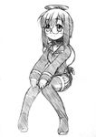  cd controller copyright_request game_console game_controller glasses graphite_(medium) greyscale jacket kaji_sakaki monochrome personification playstation_2 product_girl sketch solo thighhighs traditional_media zettai_ryouiki 