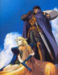  1girl 90s armor blonde_hair cloud day deedlit dog elf gloves green_eyes highres long_hair parn pointy_ears record_of_lodoss_war sky sword weapon yuuki_nobuteru 