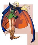  90s absurdres armor belt blonde_hair blue_cape cape circlet closed_mouth deedlit dress elf full_body green_dress green_eyes highres long_hair official_art pointy_ears record_of_lodoss_war scan scan_artifacts short_dress solo sword weapon yuuki_nobuteru 