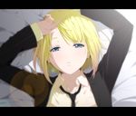  ama_mitsuki arms_up bad_id bad_pixiv_id blonde_hair blue_eyes formal gradient_hair kagamine_rin letterboxed lying multicolored_hair necktie on_back short_hair solo suit tears vocaloid 
