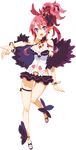  :d bare_legs bracelet breasts cleavage crown disgaea feather_boa full_body harada_takehito jewelry large_breasts makai_senki_disgaea_5 miniskirt necktie official_art open_mouth pink_hair pointy_ears ponytail purple_eyes sandals seraphina_(disgaea) shoes short_hair skirt smile solo standing standing_on_one_leg transparent_background 