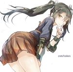  black_hair cowboy_shot hair_ribbon kantai_collection leaning_forward long_hair looking_at_viewer one_eye_closed pointing pointing_up profile ribbon skirt smile solo sts twintails twitter_username white_background yellow_eyes zuikaku_(kantai_collection) 