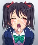  black_hair blazer bow bukkake censored cum cum_in_mouth cum_on_tongue facial hair_bow highres jacket love_live! love_live!_school_idol_project mosaic_censoring natsumyun open_mouth otonokizaka_school_uniform red_eyes school_uniform short_hair solo tongue tongue_out twintails wince yazawa_nico 