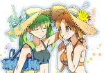  ahoge bag flower green_hair hat hat_flower hibino_hibiki katsuragi_chikagi kon_manatsu long_hair midriff multiple_girls orange_eyes orange_hair short_hair sun_hat twintails type-moon 