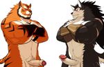  anthro balls biceps big_muscles blush body_markings canine crossed_arms drks duo erection eyes_closed feline flaccid fur gay hat male mammal markings muscles nude orange_fur penis plain_background raihi rouen scar shining_(series) shining_wind stripes tiger uncut video_games white_fur wolf 