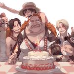  1girl 5boys bottle cake candle cup curly_dadan dessert dogra earrings fire food freckles fruit goggles hat jewelry magra monkey_d_luffy mug multiple_boys necklace neftis one_piece portgas_d_ace sabo_(one_piece) scar smile stampede_string straw_hat strawberry tablecloth tears turban 