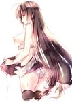  amane_ruri ass bare_shoulders blue_eyes breasts brown_hair cowboy_shot kantai_collection large_breasts long_hair nipples panties shouhou_(kantai_collection) sketch solo sweat thighhighs underwear very_long_hair white_background white_panties 