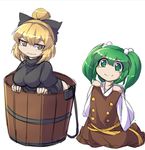  3: blonde_hair bottomless breasts bucket clothes_theft dress dress_removed frown fun_bo green_hair hair_bobbles hair_ornament happy in_bucket in_container juliet_sleeves kisume kurodani_yamame large_breasts long_sleeves multiple_girls no_panties ponytail puffy_sleeves robe sad smile theft touhou turtleneck twintails white_background wooden_bucket yellow_eyes 