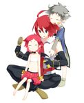  2boys adell_(disgaea) ahoge bad_id bad_pixiv_id bandeau black_eyes black_gloves black_pants brother_and_sister choker closed_eyes crossed_legs disgaea elbow_gloves fang full_body gloves grey_hair hair_bobbles hair_brush hair_down hair_ornament hanako_(disgaea) horns makai_senki_disgaea_2 multiple_boys naako0023 necktie pants pink_hair pink_shorts pointy_ears red_hair shirt shoes short_hair shorts siblings sitting sitting_on_lap sitting_on_person sleeveless sleeveless_shirt smile tabard taro_(disgaea) white_background wings 