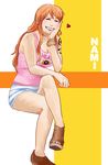  1girl bracelet character_name chin_rest eyes_closed grin heart jewelry knee_up legs_crossed long_hair nami nami_(one_piece) one_piece orange_hair piyokichi_(kichinko) sandals shorts sitting smile solo striped striped_background tank_top tattoo thighs 