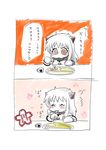  2koma ahoge bauxite closed_eyes comic cup dress eating flying_sweatdrops fork holding horns kantai_collection long_hair mittens mug northern_ocean_hime oinari_yukke plate pout red_eyes shinkaisei-kan translated white_dress white_hair white_skin 