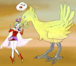  1girl bird blue_eyes cape chocobo earrings final_fantasy final_fantasy_vi green_hair jewelry long_hair open_mouth patterned_legwear ponytail radish thought_bubble tina_branford wince 