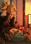  black_dress black_hair blonde_hair blush bottle choker closed_eyes disgaea dress earrings highres japanese_clothes jewelry long_hair low-tied_long_hair lying makai_senki_disgaea_2 multiple_girls myourenji on_side pointy_ears ribbon_choker rozalin sandals short_hair sleeping smile socks strapless strapless_dress wings yukimaru 