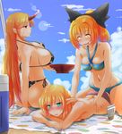  ass bikini black_bikini blanket blonde_hair blue_bikini blue_sky blush bow breasts butt_crack cloud collarbone crazy_eyes cup day drooling green_eyes hair_bow horn hoshiguma_yuugi huge_breasts kurodani_yamame large_breasts lens_flare long_hair lotion lying mizuhashi_parsee multiple_girls navel nokishita_kumoemon on_stomach pointy_ears red_eyes sakazuki side-tie_bikini sideboob sky strap_gap sunscreen sweat swimsuit topless touhou underboob very_long_hair yellow_eyes you_gonna_get_raped yuri 