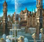  blue_sky building cloud column fountain gargoyle highres landscape moss no_humans ornate outdoors palace pillar scenery sky stained_glass stairs statue tower tree uchio_kazumasa water 