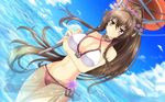  adapted_costume bikini breasts brown_hair cleavage dutch_angle g_(desukingu) highres kantai_collection large_breasts long_hair navel ponytail red_umbrella sarong see-through solo swimsuit umbrella very_long_hair yamato_(kantai_collection) 