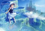  absurdres bare_legs bare_shoulders barefoot black_hair blush castle cover dress green_eyes hat highres ice long_hair looking_at_viewer open_mouth original scan skirt sky smile solo takoyaki_(roast) vest wading water 