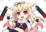  :d absurdres bed blonde_hair bow fang fingerless_gloves gloves greenteaneko hair_bow hair_flaps hair_ornament hair_ribbon hairclip highres kantai_collection long_hair looking_at_viewer lying navel open_mouth pleated_skirt red_eyes remodel_(kantai_collection) ribbon school_uniform serafuku skirt smile solo torpedo yuudachi_(kantai_collection) 