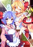  :3 alternate_costume bat_wings blonde_hair blue_hair eighth_note fang flandre_scarlet food highres ice_cream japanese_clothes kimono long_sleeves maid_headdress menu multiple_girls musical_note one_eye_closed open_mouth paragasu_(parags112) parfait red_eyes remilia_scarlet ribbon-trimmed_clothes ribbon_trim siblings sisters smile spoken_blush spoken_musical_note spoon sundae touhou translated tray wa_maid wafer_stick wide_sleeves wings 