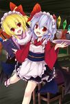  akisome_hatsuka alternate_costume bat_wings blonde_hair blue_hair bowl fang flandre_scarlet food ice_cream japanese_clothes kimono long_sleeves maid_headdress menu multiple_girls open_mouth pointy_ears red_eyes remilia_scarlet sandals siblings sisters smile tabi touhou tray wa_maid wide_sleeves wings 