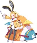  :&lt; animal_ears animal_hood animal_slippers black_legwear blonde_hair bow bowtie bunny_earmuffs bunny_ears bunny_hood bunny_slippers disgaea expressionless eyebrows_visible_through_hair full_body fur-trimmed_jacket fur-trimmed_sleeves fur_trim hairband harada_takehito hood hood_down jacket jitome leotard makai_senki_disgaea_5 official_art pantyhose pom_pom_(clothes) prinny red_eyes scarf shoes short_eyebrows short_hair sleeves_past_wrists spoon standing thick_eyebrows transparent_background usalia_(disgaea) white_scarf yellow_jacket 