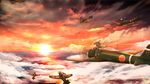  601_air_group_pilot_(kantai_collection) a7m_reppuu ahoge aircraft airplane brown_hair dusk fairy_(kantai_collection) horizon kantai_collection minigirl multiple_girls ocean reppuu_(kantai_collection) scarf short_hair skilled_pilot_(kantai_collection) sky sunset viki00 