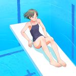  barefoot black_eyes black_hair competition_school_swimsuit flash_tomo flat_chest highres legs one-piece_swimsuit original pool poolside short_hair sitting solo swimsuit water 