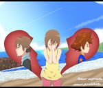  1girl 2boys beach brown_eyes brown_hair close_eyes close_mouth crying digimon digimon_adventure eyes_closed highres multiple_boys yagami_hikari yagami_taichi 