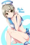  bad_id bad_pixiv_id bikini black_eyes blonde_hair hat highres idolmaster idolmaster_cinderella_girls long_legs paopao sailor_bikini sailor_collar sailor_hat sailor_swimsuit_(idolmaster) sandals shiomi_shuuko short_hair sitting solo swimsuit 