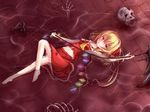  arm ascot barefoot blood bloody_clothes bloody_weapon bone flandre_scarlet hair_ribbon kuro_(baseball0000) laevatein navel no_hat no_headwear orange_eyes partially_submerged ribbon short_hair side_ponytail skull solo touhou water weapon wings 