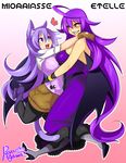  2girls agawa_ryou age_difference ahoge animal_ears bare_shoulders black_wings breasts cape cat_ears cat_tail dress female gloves high_heels hug large_breasts long_hair multiple_girls open_mouth purple_eyes purple_hair red_eyes shoes tail very_long_hair wings 
