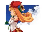  arm_warmers blonde_hair bow closed_eyes cloud crossed_arms eyebrows_visible_through_hair flipped_hair flower hat holding holding_flower kururu_(little_princess) little_princess long_hair long_sleeves marl_kingdom official_style profile sky solo sunflower yu_3 