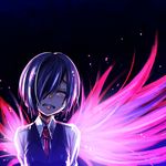  closed_eyes crying hair_over_one_eye highres kagune_(tokyo_ghoul) kirishima_touka looking_at_viewer purple_hair sakuya_tsuitachi school_uniform short_hair solo tears tokyo_ghoul wings 