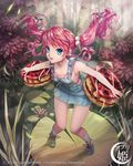  blue_eyes bush carrying carrying_under_arm dawkinsia dessert dress food forest gelatin hair_bobbles hair_ornament leaf lily_pad long_hair nature original outstretched_arms overalls pink_hair plant shoes sleeveless sneakers socks solo standing tree twintails water 