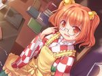  apron bell book_stack brown_eyes brown_hair chair desk glasses hair_bell hair_ornament highres japanese_clothes kimono long_sleeves looking_at_viewer lzh motoori_kosuzu open_mouth pince-nez solo sweat touhou two_side_up wide_sleeves 