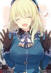  :d ^_^ atago_(kantai_collection) blonde_hair breasts closed_eyes eighth_note gloves hat hiiragi_souren kantai_collection large_breasts long_hair musical_note open_mouth smile solo speech_bubble spoken_musical_note 