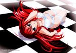  1girl absurdres blue_eyes bra checkered checkered_floor female floor garter_belt high_school_dxd highres long_hair looking_at_viewer lying miyama-zero panties red_hair rias_gremory solo thighhighs underwear 