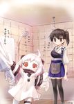  admiral_(kantai_collection) ahoge arm_at_side bathroom bathtub black_legwear brown_eyes brown_hair covered_mouth dress hakama_skirt horns indoors japanese_clothes jitome kaga_(kantai_collection) kantai_collection long_hair mittens motion_lines multiple_girls muneate northern_ocean_hime out_of_frame pleated_skirt red_eyes shinkaisei-kan shower_(place) side_ponytail skirt sleeve_tug standing suien tasuki thighhighs tile_wall tiles translated twitter_username waving_arm waving_arms white_dress white_hair white_skin zettai_ryouiki 