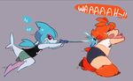  bad_source black_sclera camerupt child fish_tail fleeing gen_3_pokemon maxie monster_girl multiple_girls orange_hair personification pokemon red_eyes sharpedo tail topknot water_gun 