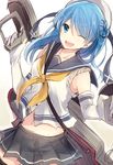  blue_eyes blue_hair elbow_gloves gloves hat hiiragi_souren kantai_collection long_hair looking_at_viewer machinery midriff one_eye_closed open_mouth sleeves_rolled_up solo thighhighs urakaze_(kantai_collection) white_hat yellow_neckwear 