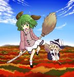  :d animal_ears autumn blonde_hair blue_sky blush blush_stickers bow braid broom broom_riding cloud day dog_ears flying green_eyes green_hair hair_bow happy hat hat_bow kasodani_kyouko kirisame_marisa multiple_girls open_mouth side_braid sky smile tanasuke touhou witch_hat yellow_eyes 