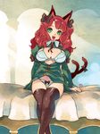  alternate_eye_color alternate_hairstyle animal_ears black_legwear blush bow bow_panties bra breasts cat_ears cat_tail cleavage crossed_legs green_eyes hair_bow highres kaenbyou_rin large_breasts long_hair looking_at_viewer open_mouth panties red_hair sitting smile solo tail tail_bow thighhighs touhou tsuutenkaaku underwear 