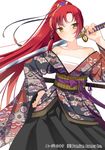  agent_7 bad_id bad_pixiv_id bandages bare_shoulders brown_eyes hair_ornament holding japanese_clothes katana long_hair looking_at_viewer official_art original ponytail red_hair sarashi simple_background solo sword weapon white_background yuuhi_homare 