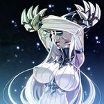  armpits arms_up bare_shoulders blush breasts claws covering_mouth detached_sleeves dress highres horn kantai_collection large_breasts long_hair looking_at_viewer pale_skin red_eyes ribbed_dress sakuya_tsuitachi seaport_hime shinkaisei-kan short_dress solo very_long_hair white_hair 